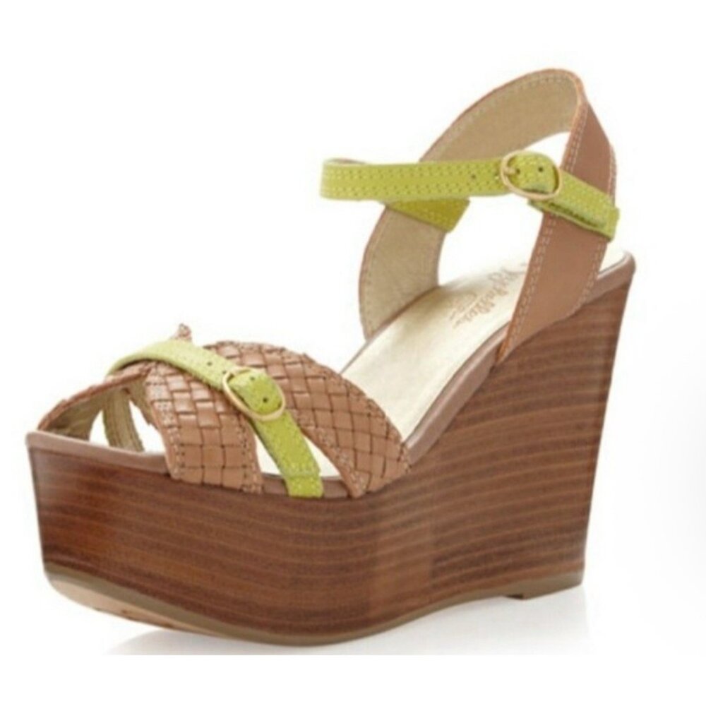 Seychelles Wedge Sandals Tan/Lime Woven 7.5 Stacked Wood Platform Anthropologie